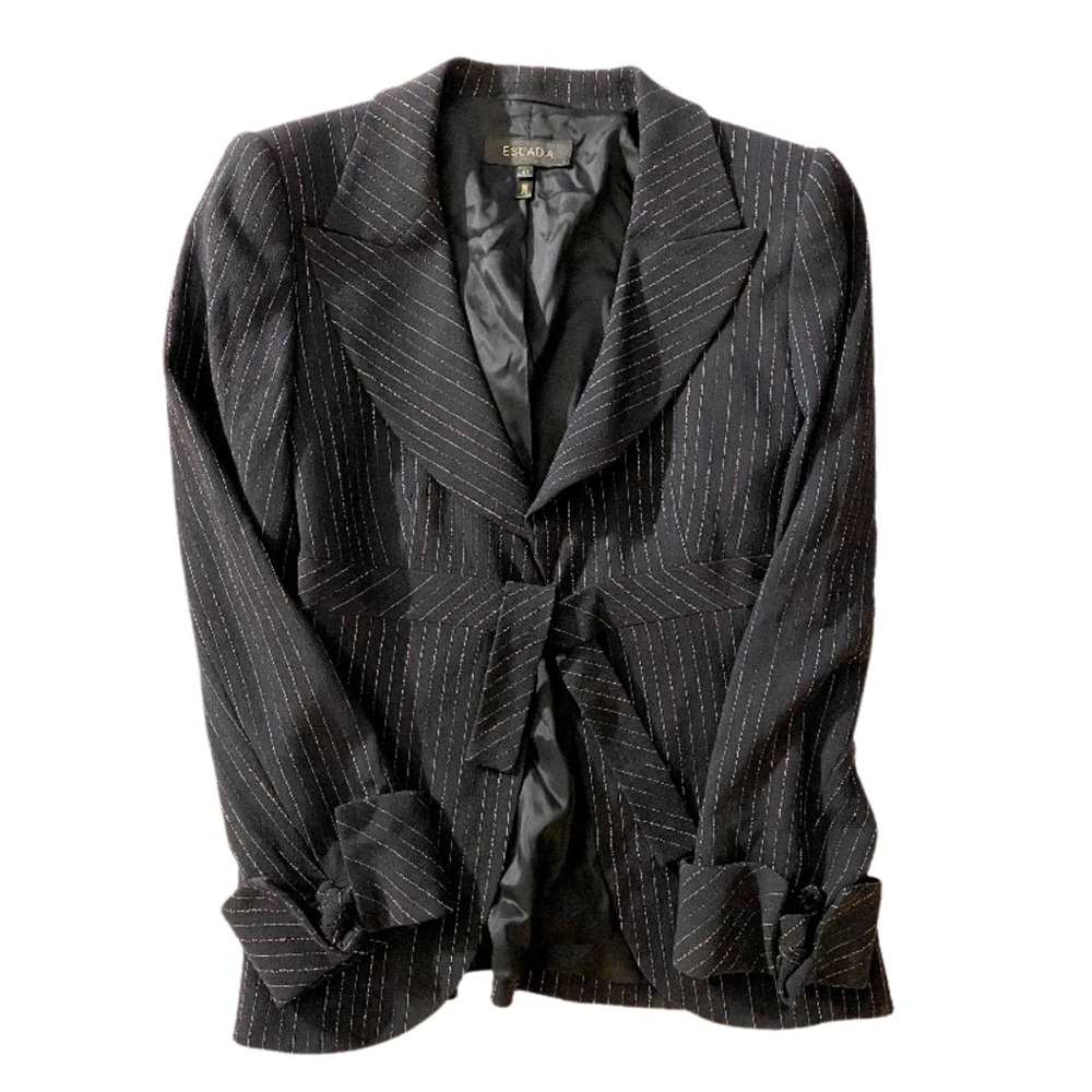 NWOT Escada new wool black striped blazer with front and sleeve ties, Size: 40